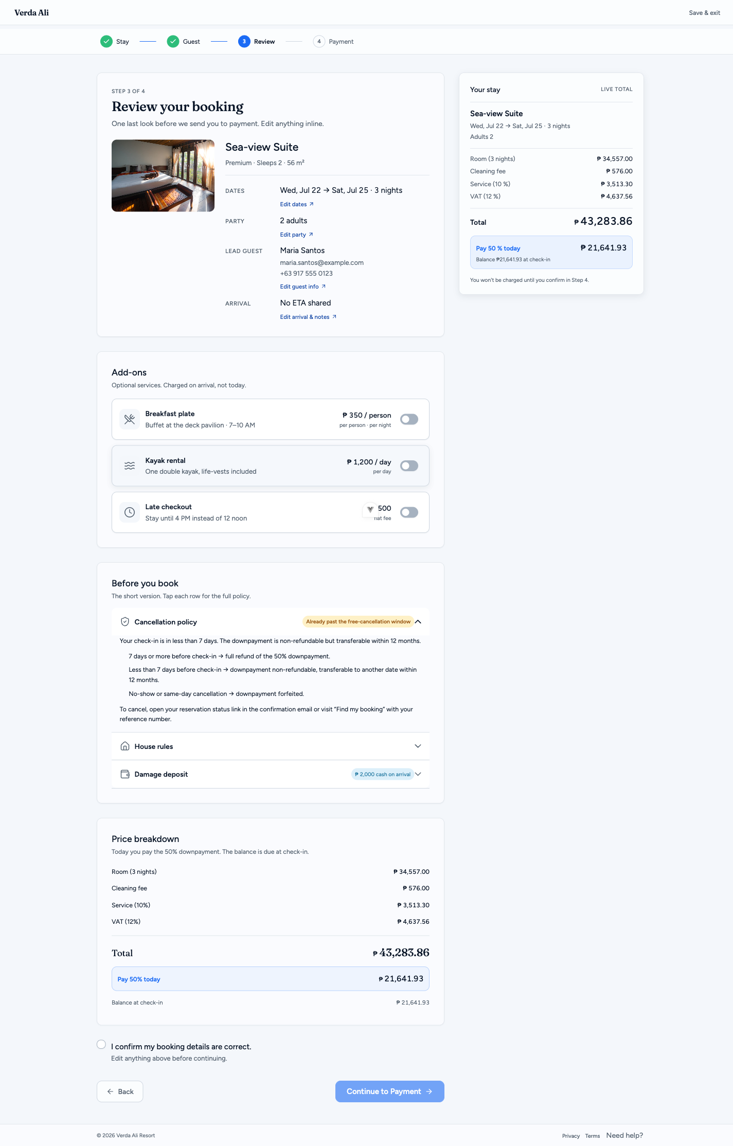 Guest booking — review and price breakdown