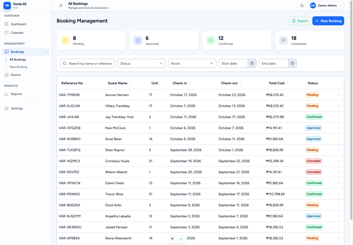 Manage app — booking management table